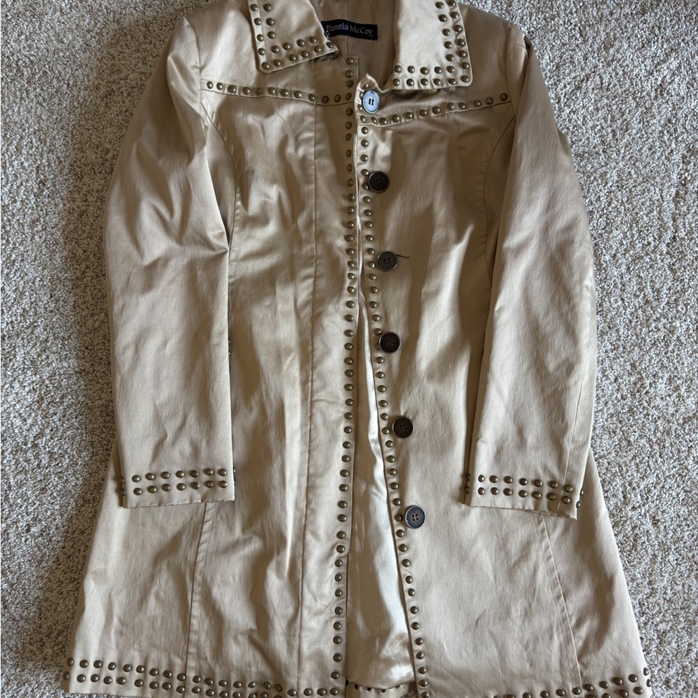 Pamela McCoy Tan Trench Coat with Studded Details